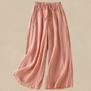 Buddha Stones Commute Embroidery Drawstring Women's Cotton Wide Leg Pants With Pockets - Coral - US8-10，UK/AU12-14，EU40-42 (2XL) - image 18