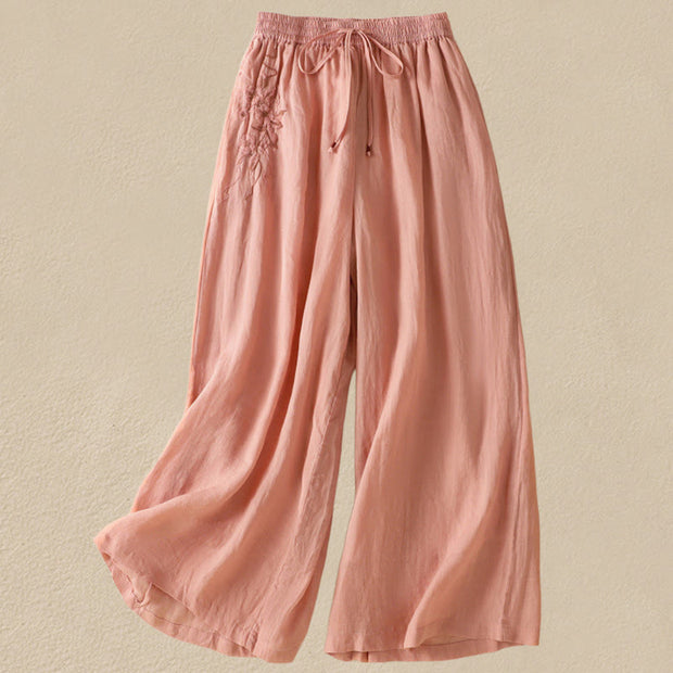 Buddha Stones Commute Embroidery Drawstring Women's Cotton Wide Leg Pants With Pockets - Coral - US8-10，UK/AU12-14，EU40-42 (2XL) - image 18