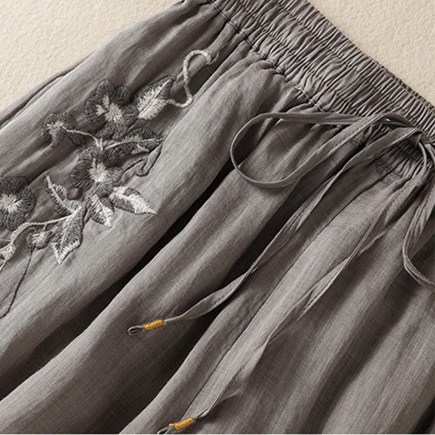 Buddha Stones Commute Embroidery Drawstring Women's Cotton Wide Leg Pants With Pockets - image 47