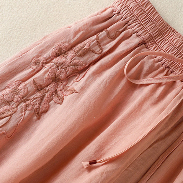 Buddha Stones Commute Embroidery Drawstring Women's Cotton Wide Leg Pants With Pockets - image 24