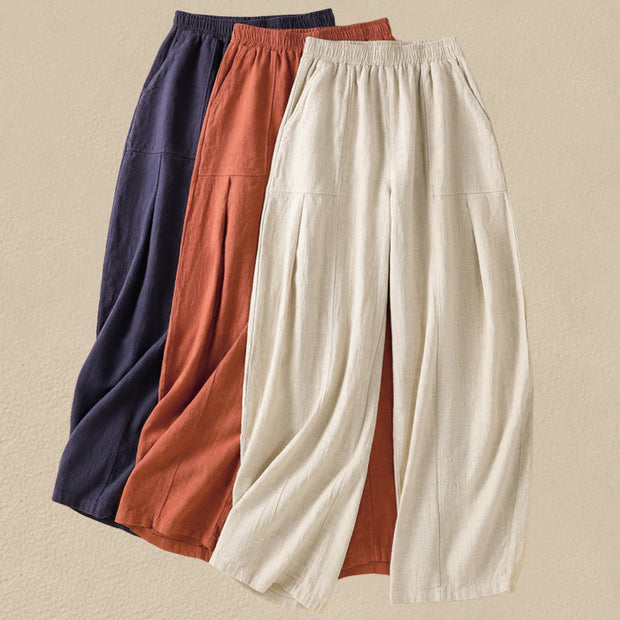 Buddha Stones Plain Simple Design High Waist Women's Cotton Linen Harem Pants With Pockets - image 26