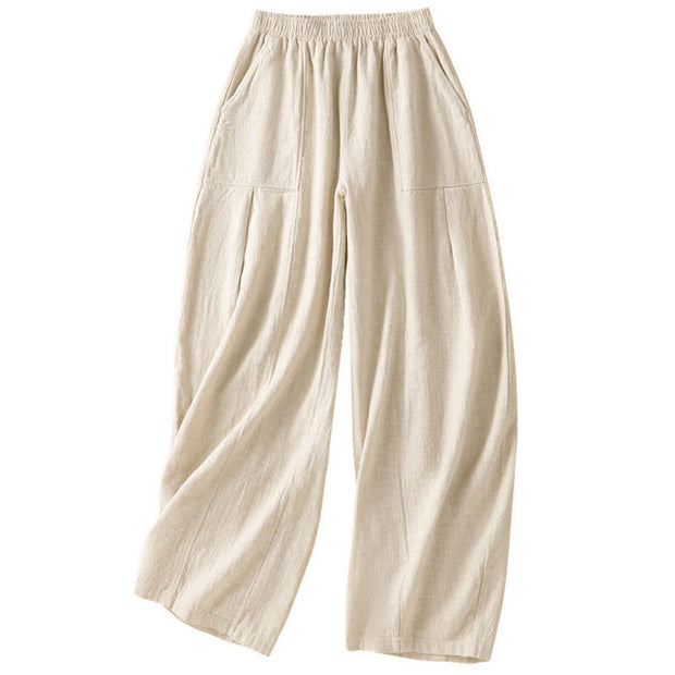 Buddha Stones Plain Simple Design High Waist Women's Cotton Linen Harem Pants With Pockets - image 11