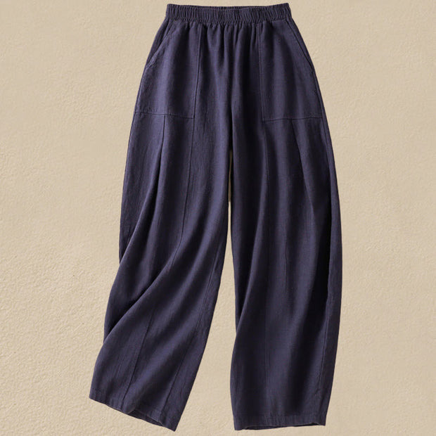 Buddha Stones Plain Simple Design High Waist Women's Cotton Linen Harem Pants With Pockets - MidnightBlue - US8-10，UK/AU12-14，EU40-42 (2XL) - image 18