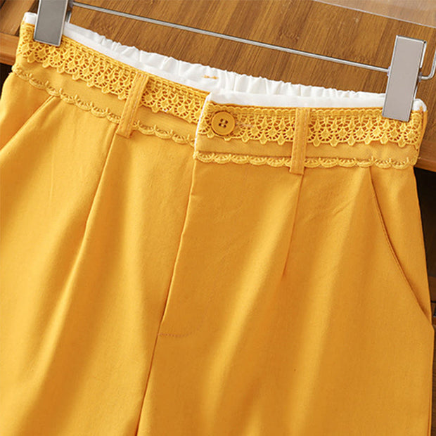 Buddha Stones Casual Hollow Lace Waistband Design Women's Cotton Linen Wide Leg Pants With Pockets - image 17