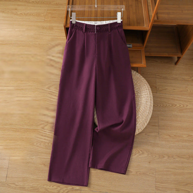 Buddha Stones Casual Hollow Lace Waistband Design Women's Cotton Linen Wide Leg Pants With Pockets - Purple - US12，UK/AU16，EU44 (3XL) - image 20