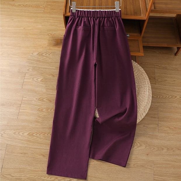 Buddha Stones Casual Hollow Lace Waistband Design Women's Cotton Linen Wide Leg Pants With Pockets - image 21