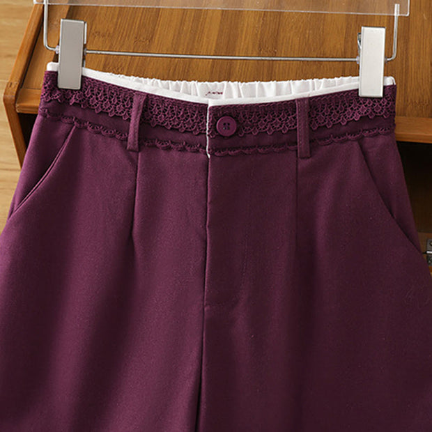 Buddha Stones Casual Hollow Lace Waistband Design Women's Cotton Linen Wide Leg Pants With Pockets - image 23