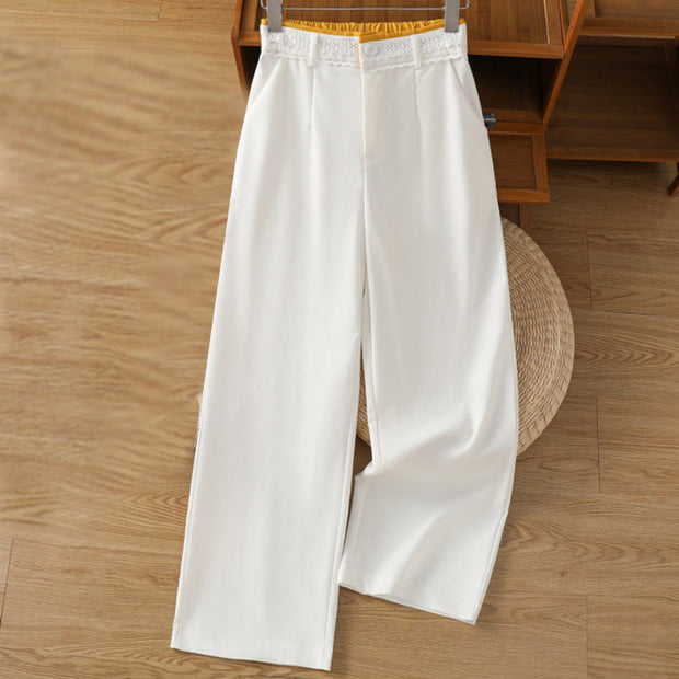 Buddha Stones Casual Hollow Lace Waistband Design Women's Cotton Linen Wide Leg Pants With Pockets - White - US12，UK/AU16，EU44 (3XL) - image 27