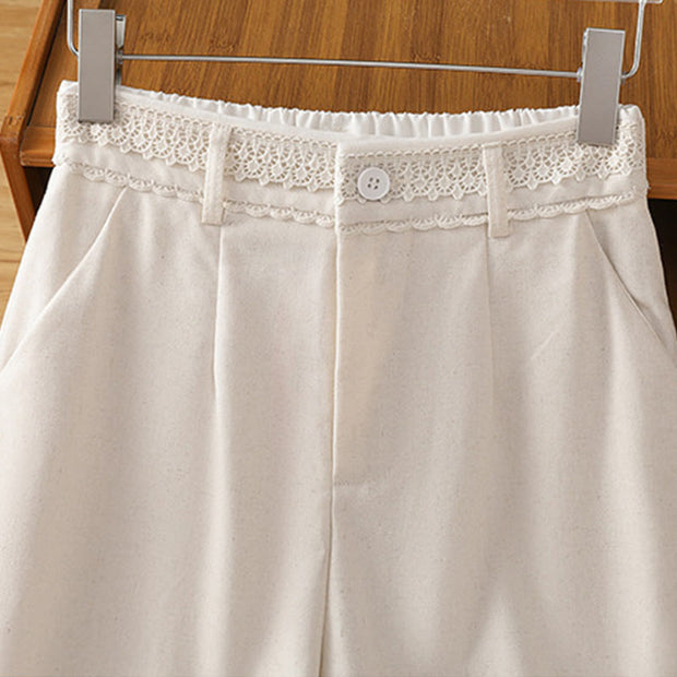Buddha Stones Casual Hollow Lace Waistband Design Women's Cotton Linen Wide Leg Pants With Pockets - image 10