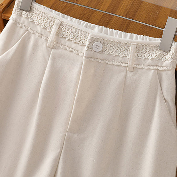 Buddha Stones Casual Hollow Lace Waistband Design Women's Cotton Linen Wide Leg Pants With Pockets - image 9