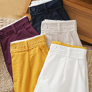 Buddha Stones Casual Hollow Lace Waistband Design Women's Cotton Linen Wide Leg Pants With Pockets - image 40