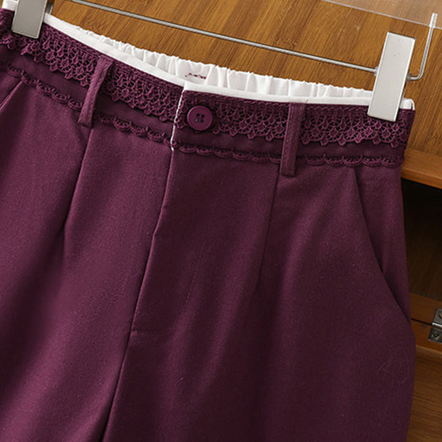 Buddha Stones Casual Hollow Lace Waistband Design Women's Cotton Linen Wide Leg Pants With Pockets - image 22