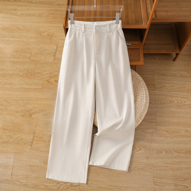 Buddha Stones Casual Hollow Lace Waistband Design Women's Cotton Linen Wide Leg Pants With Pockets - FloralWhite - US12，UK/AU16，EU44 (3XL) - image 7