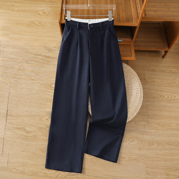 Buddha Stones Casual Hollow Lace Waistband Design Women's Cotton Linen Wide Leg Pants With Pockets - MidnightBlue - US12，UK/AU16，EU44 (3XL) - image 1