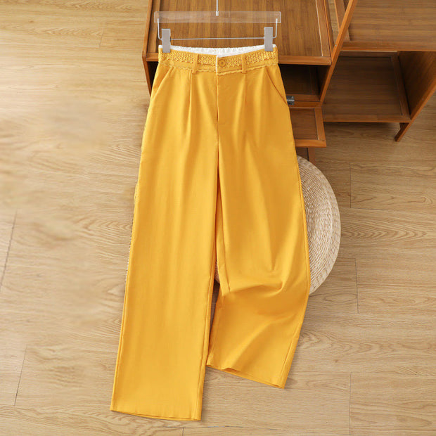 Buddha Stones Casual Hollow Lace Waistband Design Women's Cotton Linen Wide Leg Pants With Pockets - Gold - US12，UK/AU16，EU44 (3XL) - image 14