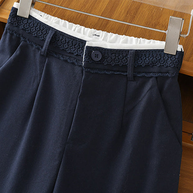 Buddha Stones Casual Hollow Lace Waistband Design Women's Cotton Linen Wide Leg Pants With Pockets - image 3