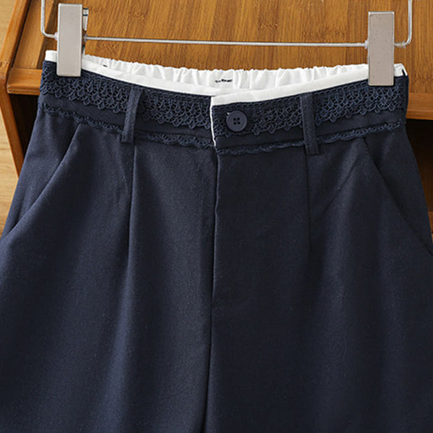 Buddha Stones Casual Hollow Lace Waistband Design Women's Cotton Linen Wide Leg Pants With Pockets - image 2