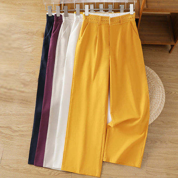 Buddha Stones Casual Hollow Lace Waistband Design Women's Cotton Linen Wide Leg Pants With Pockets - image 39