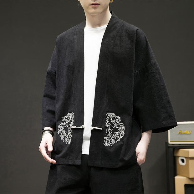 Buddha Stones Chinese Frog-Button Design Open Front Jacket Men's Cotton Linen Kimono - Black - US/UK/AU46，EU56 (5XL) - image 1