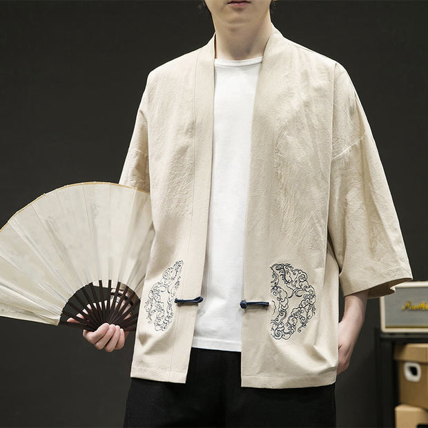 Buddha Stones Chinese Frog-Button Design Open Front Jacket Men's Cotton Linen Kimono - image 10