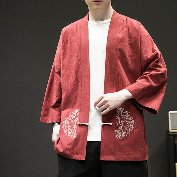 Buddha Stones Chinese Frog-Button Design Open Front Jacket Men's Cotton Linen Kimono - image 16