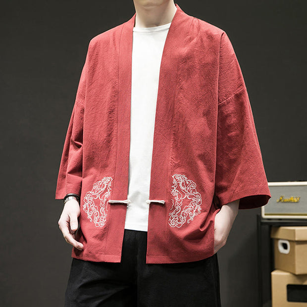 Buddha Stones Chinese Frog-Button Design Open Front Jacket Men's Cotton Linen Kimono - image 15