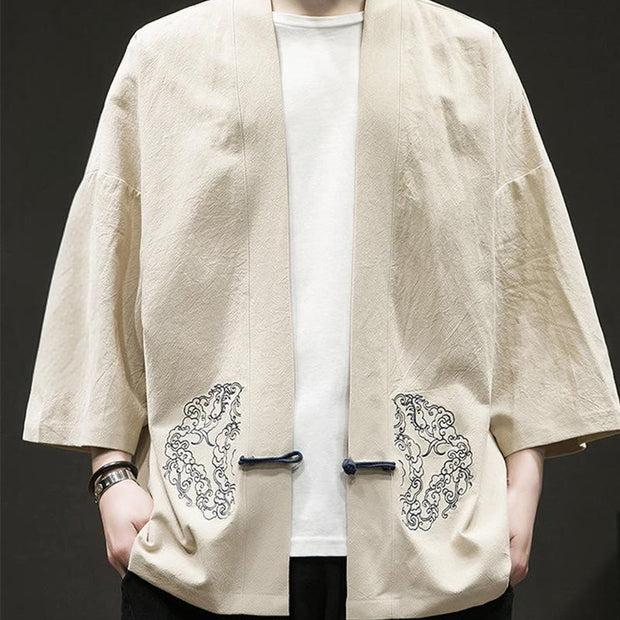 Buddha Stones Chinese Frog-Button Design Open Front Jacket Men's Cotton Linen Kimono - image 11