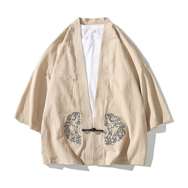 Buddha Stones Chinese Frog-Button Design Open Front Jacket Men's Cotton Linen Kimono - image 13