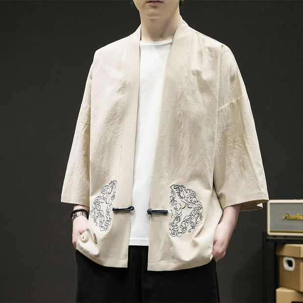 Buddha Stones Chinese Frog-Button Design Open Front Jacket Men's Cotton Linen Kimono - Beige - US/UK/AU46，EU56 (5XL) - image 9