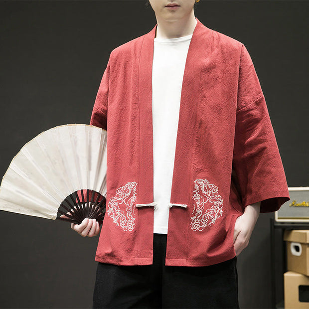 Buddha Stones Chinese Frog-Button Design Open Front Jacket Men's Cotton Linen Kimono - OrangeRed - US/UK/AU46，EU56 (5XL) - image 14