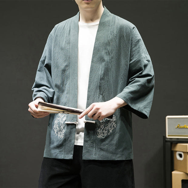 Buddha Stones Chinese Frog-Button Design Open Front Jacket Men's Cotton Linen Kimono - image 7