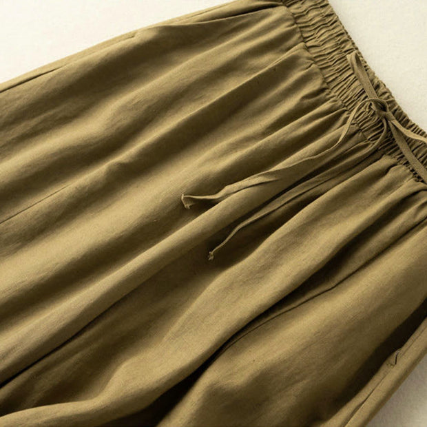 Buddha Stones Plain Color 7-8 Length Capri Cropped Pants Cotton Linen Women's Wide Leg Pants With Pockets