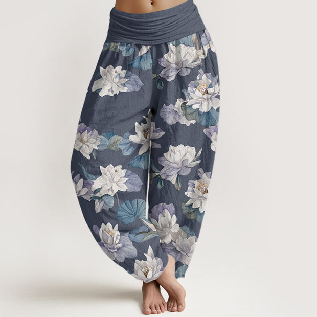 Buddha Stones Casual Elegant Lotus Print Design Women's Elastic Waist Harem Pants - LightSlateGray - US22，UK/AU26，EU54 (6XL) - image 1