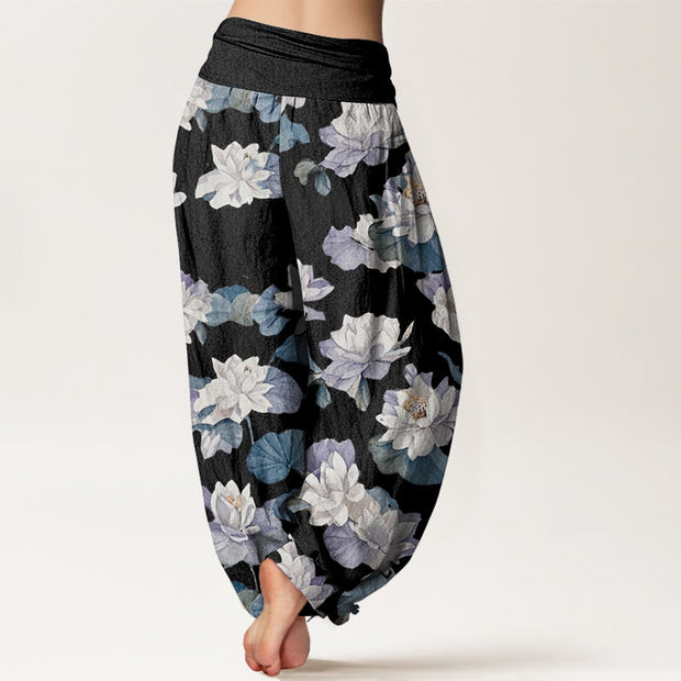Buddha Stones Casual Elegant Lotus Print Design Women's Elastic Waist Harem Pants - image 11