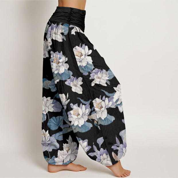 Buddha Stones Casual Elegant Lotus Print Design Women's Elastic Waist Harem Pants - image 10