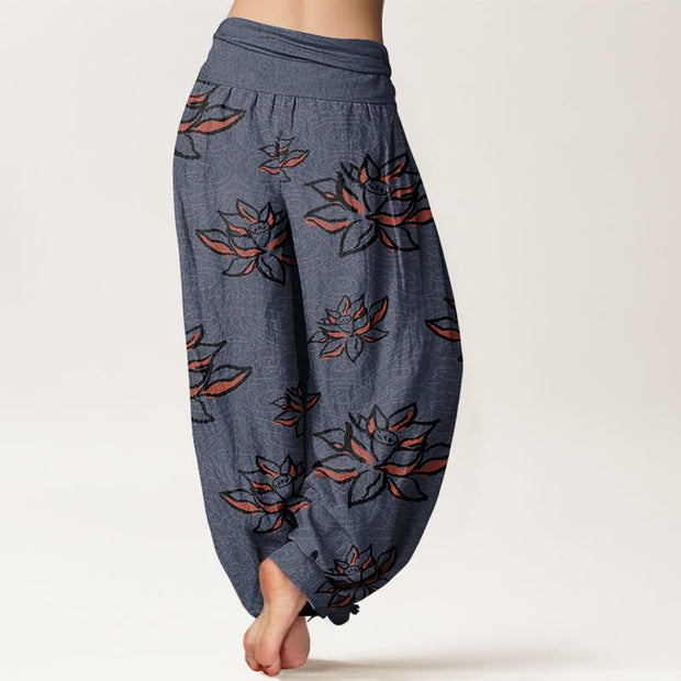 Buddha Stones Casual Lotus Line Pattern Women's Elastic Waist Harem Pants - image 11