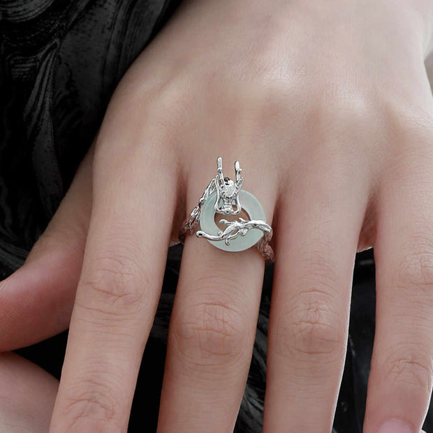 Buddha Stones 925 Sterling Silver Dragon Peace Buckle Quartzite Jade Balance Ring - image 3