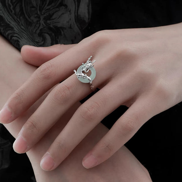 Buddha Stones 925 Sterling Silver Dragon Peace Buckle Quartzite Jade Balance Ring - image 4