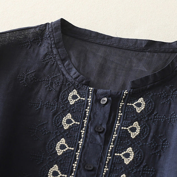 Buddha Stones Symmetrical Embroidery Cotton Linen Women's Half Sleeves Shirt - image 3