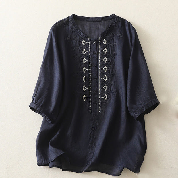 Buddha Stones Symmetrical Embroidery Cotton Linen Women's Half Sleeves Shirt - MidnightBlue - US8-10，UK/AU12-14，EU40-42 (2XL) - image 1