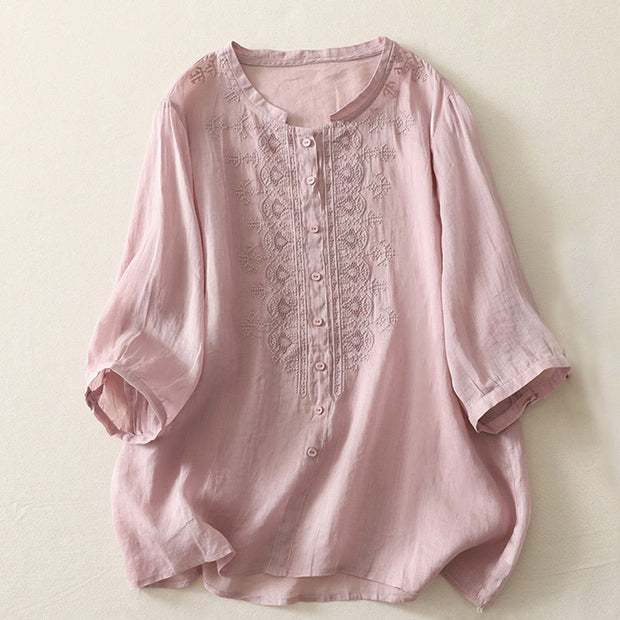 Buddha Stones Symmetrical Embroidery Cotton Linen Women's Half Sleeves Shirt - Pink - US8-10，UK/AU12-14，EU40-42 (2XL) - image 7