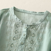 Buddha Stones Symmetrical Embroidery Cotton Linen Women's Half Sleeves Shirt - image 15