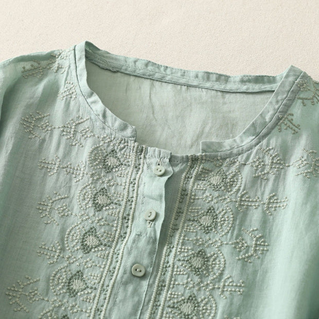 Buddha Stones Symmetrical Embroidery Cotton Linen Women's Half Sleeves Shirt - image 15