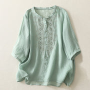 Buddha Stones Symmetrical Embroidery Cotton Linen Women's Half Sleeves Shirt - MediumAquamarine - US8-10，UK/AU12-14，EU40-42 (2XL) - image 13