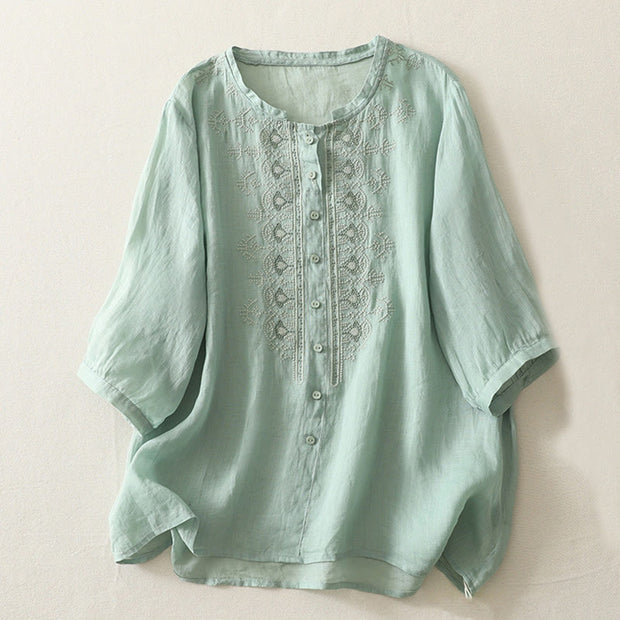 Buddha Stones Symmetrical Embroidery Cotton Linen Women's Half Sleeves Shirt - MediumAquamarine - US8-10，UK/AU12-14，EU40-42 (2XL) - image 13