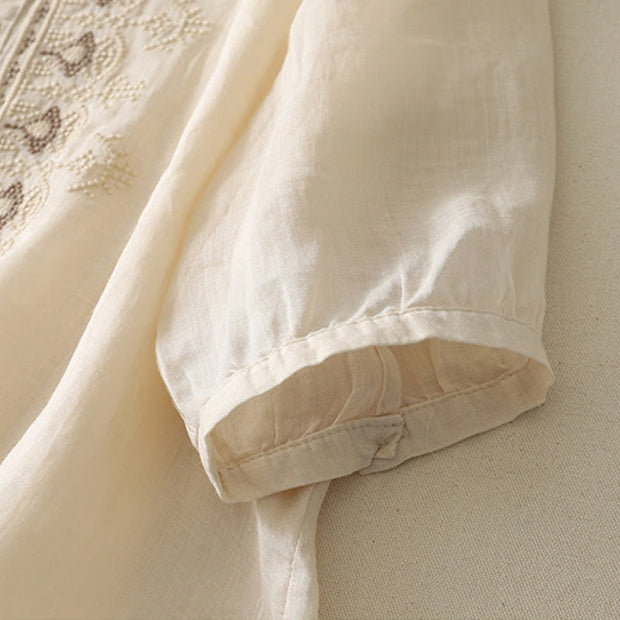 Buddha Stones Symmetrical Embroidery Cotton Linen Women's Half Sleeves Shirt - image 24