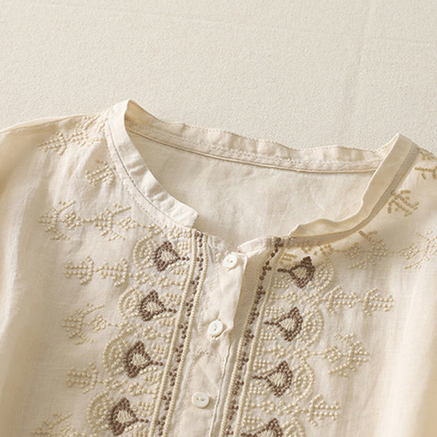 Buddha Stones Symmetrical Embroidery Cotton Linen Women's Half Sleeves Shirt - image 20