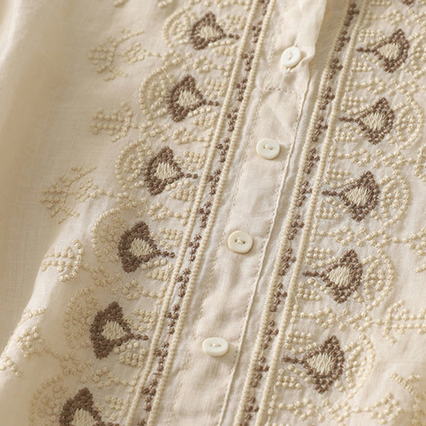 Buddha Stones Symmetrical Embroidery Cotton Linen Women's Half Sleeves Shirt - image 25