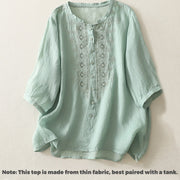 Buddha Stones Symmetrical Embroidery Cotton Linen Women's Half Sleeves Shirt - image 14