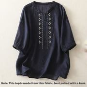 Buddha Stones Symmetrical Embroidery Cotton Linen Women's Half Sleeves Shirt - image 2